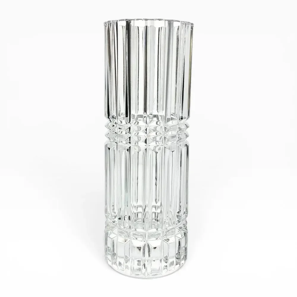Vintage French Contemporary Postmodern-Style Cylinder Column Cut Crystal Vase 9”